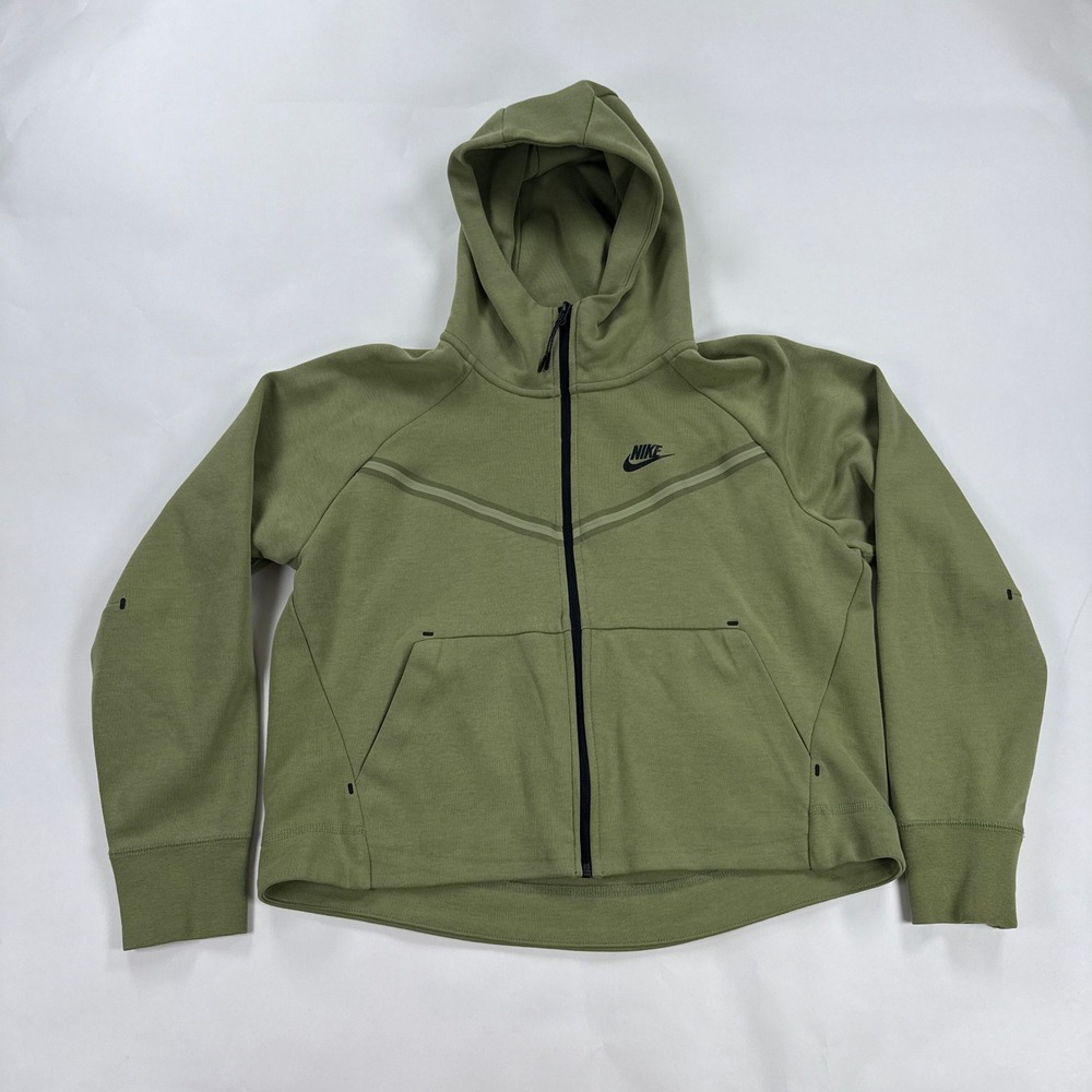 Nike Tech Fleece Hoodie Womens Medium Olive Green Full Zip CW4298-334 Windrunner